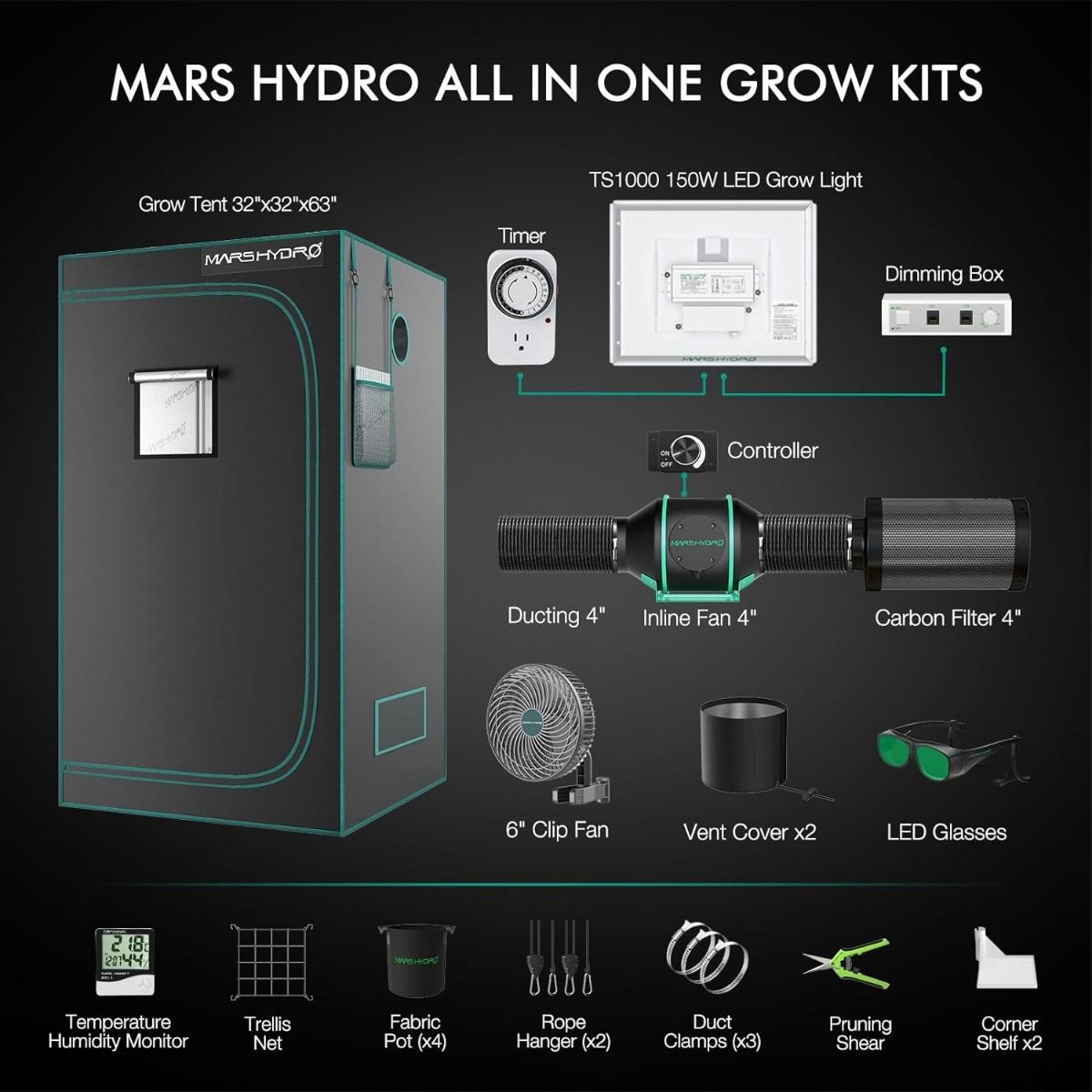 Mars Hydro 2.7' x 2.7' Grow Tent Kit with TS 1000 LED Grow Light