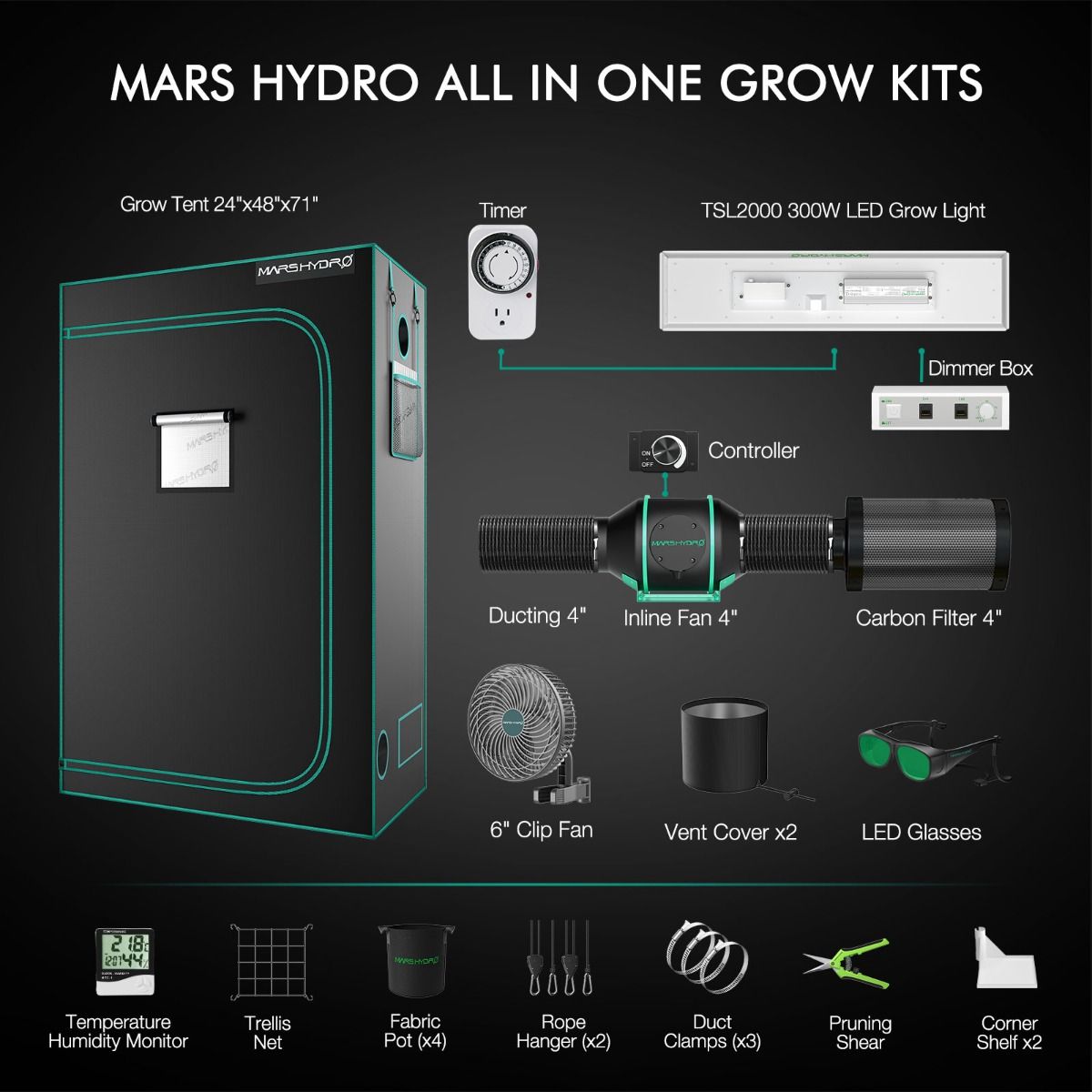 Mars Hydro 2' x 4' Grow Tent Kit with TSL 2000 LED Grow Light